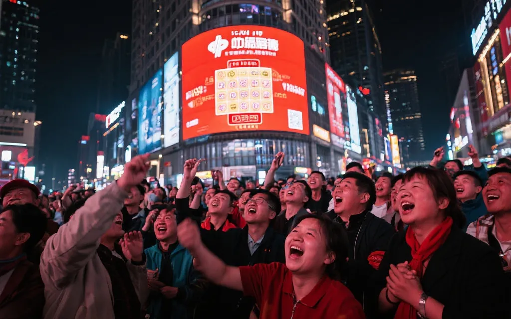 彩民盯着开奖结果大屏幕，期待与热议